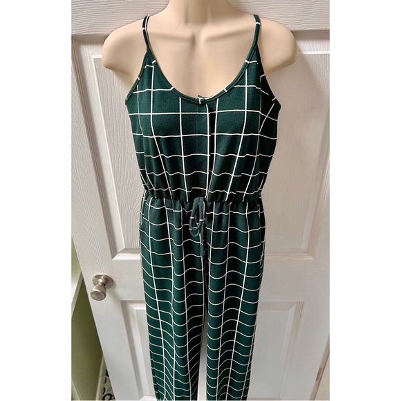 🟩 Dark Green Plaid Jumpsuit Playsuit Grid Pattern Geometric Stripe Cut Out Back - Picture 5 of 12